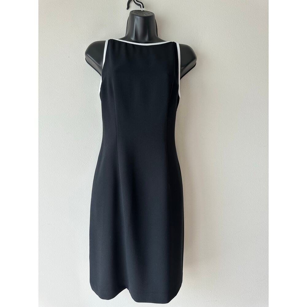 Vintage Y2k 90s  Black Minimalist Sleeveless Midi Dress White Trim Keyhole Back